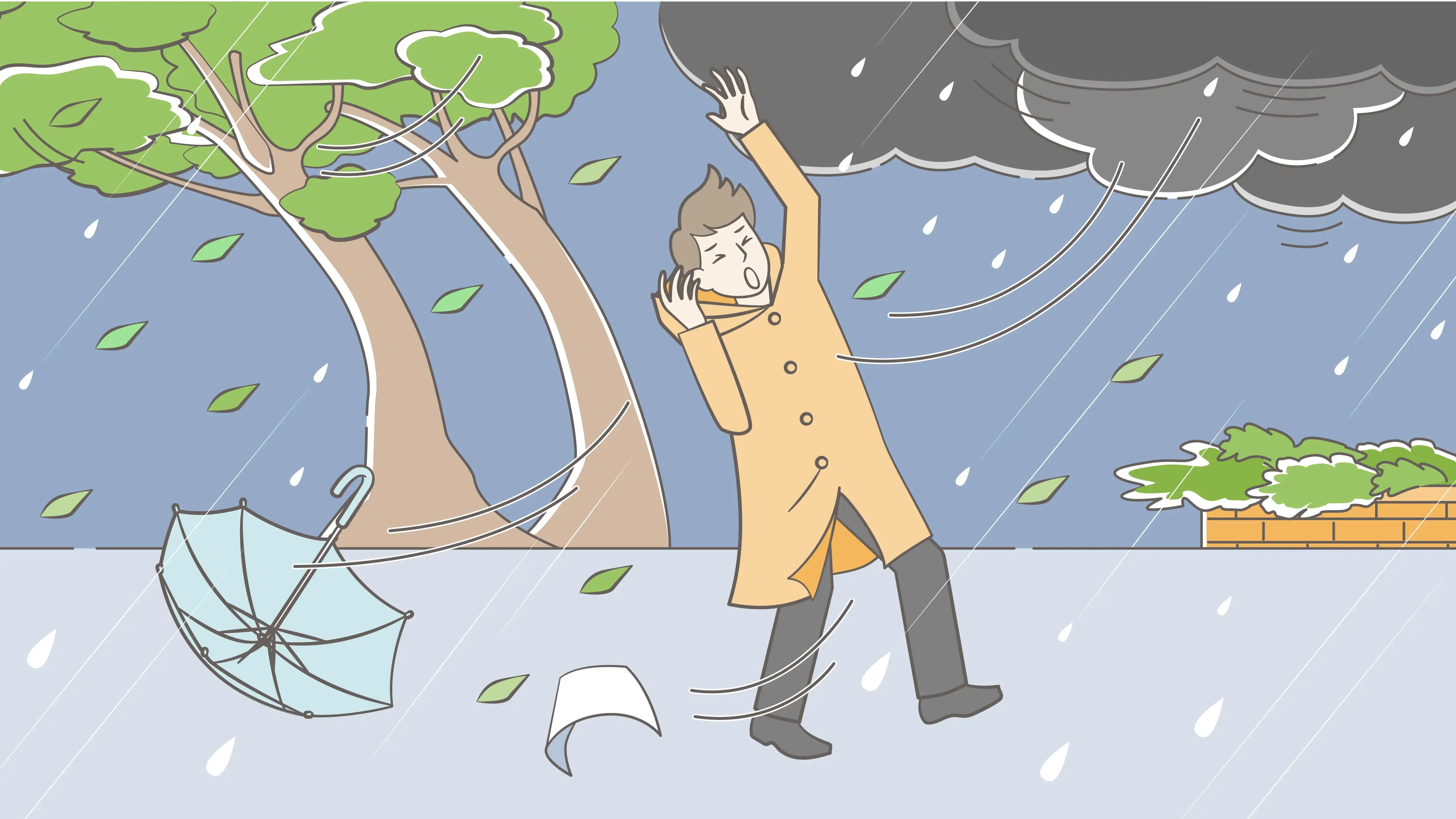 暴風雨の中を傘をさして歩く男性。強風で木の枝がなびき、傘が飛ばされそうになっている。