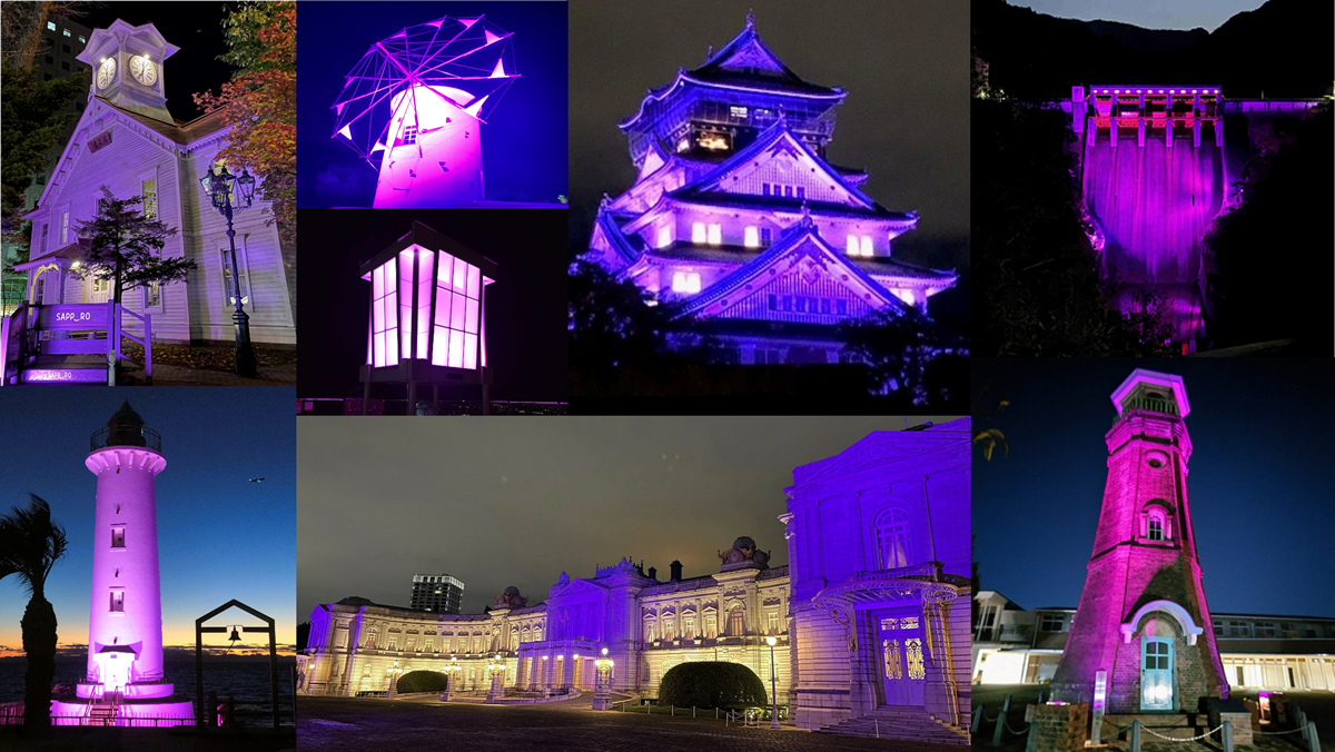 ランドマークとなる建物が紫色にライトアップされた写真