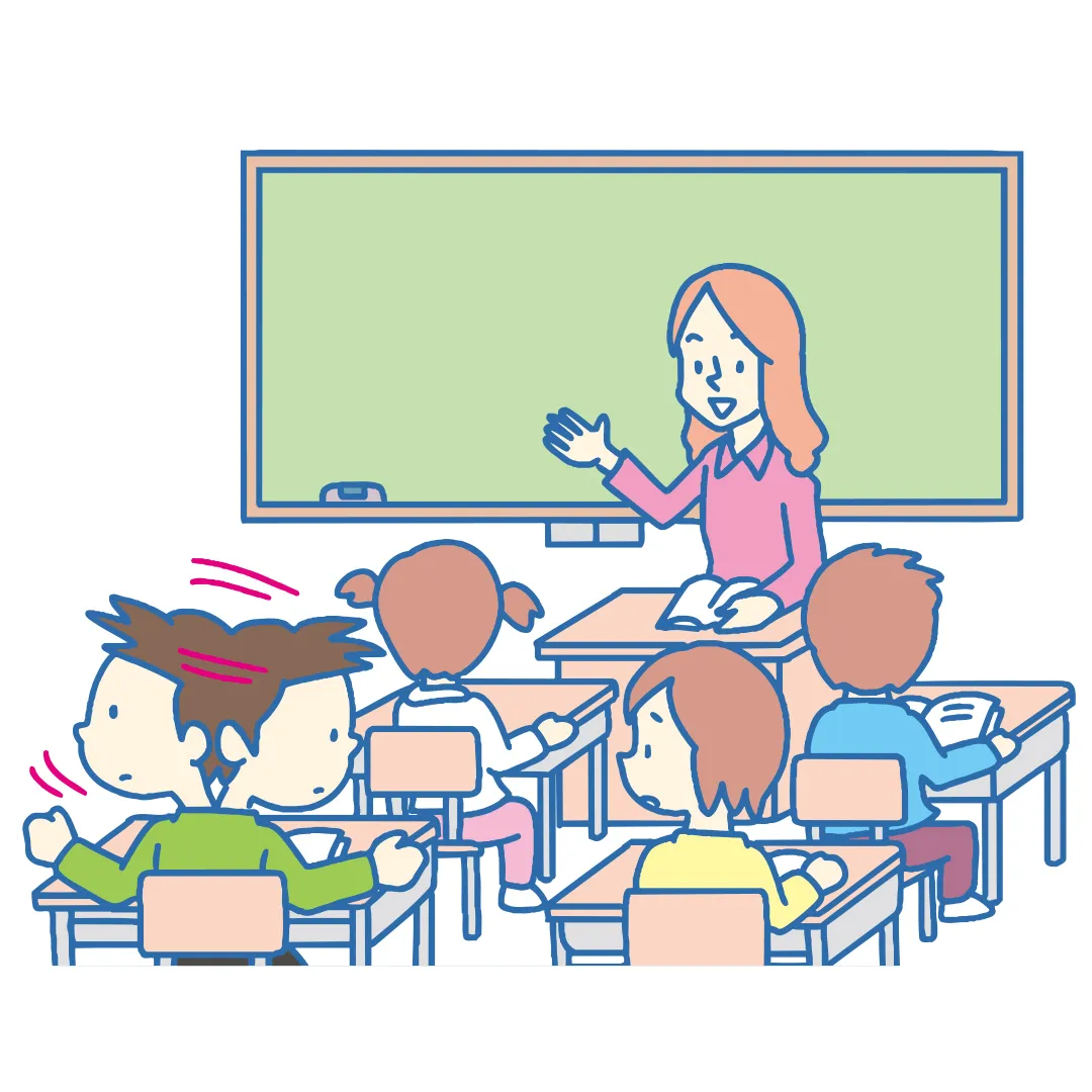 授業中、教室でほかのこどもたちが先生のほうを向いている中、一人だけきょろきょろしている男の子。