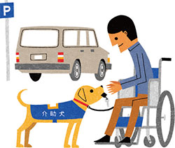 介助犬と車いすに乗った男性。背後には車が止まっており、介助犬は車の鍵を男性に渡している。