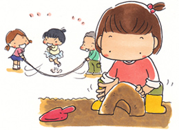 縄跳びをしている子供たちと離れて、一人で砂遊びをしている女の子。