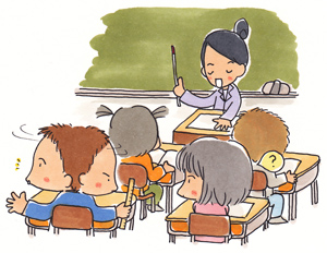 授業中、教室でみんなが先生と黒板のほうを向いている中で、一人だけきょろきょろしている男の子。