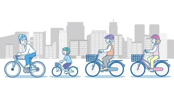 若者、こども、高齢者が１列に並んで自転車に乗っているイメージ図