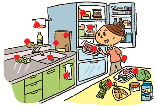 キッチンで食中毒菌が付着している可能性のある場所。人の手、買ってきた食材、冷蔵庫の中、まな板、ふきん、たわし、シンク、手拭き用タオルなど