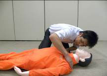 心肺蘇生をする人が、倒れている人に見立てた訓練用の人形に顔を近づけ、呼吸を確認している動作