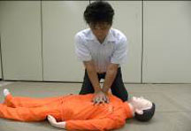 心肺蘇生をする人が、訓練用の人形の胸に両手を当て、胸部圧迫をしている動作