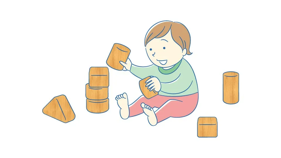 「木育」のイメージ。木のおもちゃで遊ぶ幼児。