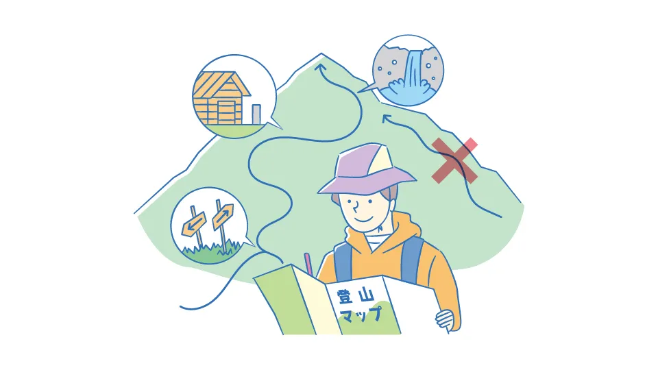 登山コースの選定と併せて危険箇所や、山小屋などの宿泊施設などを事前に確認する登山者