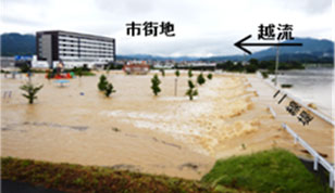 肱川の氾濫により市街地に川の水が流れ込んでいる