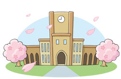満開の桜と学校の校舎のイラスト