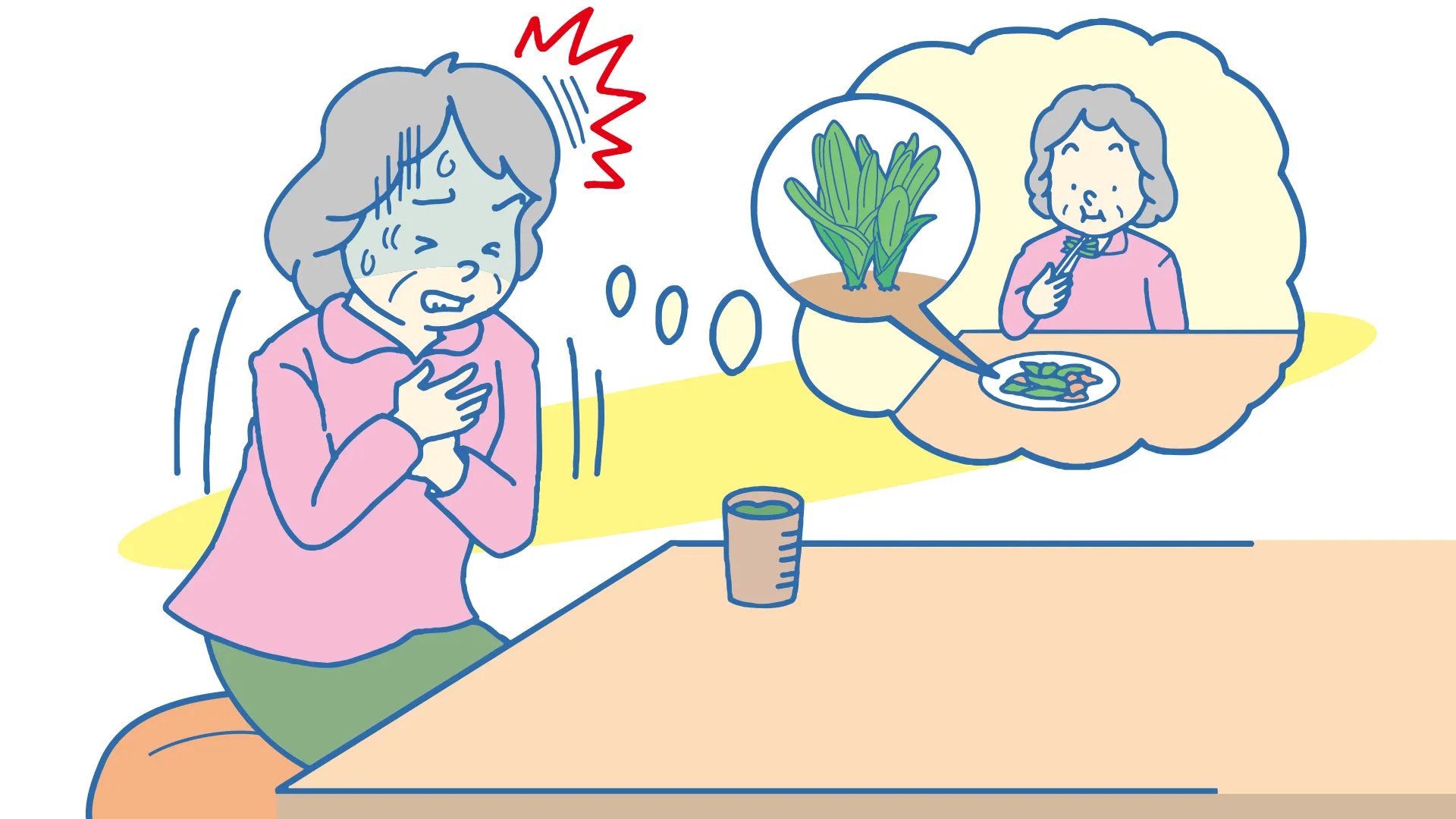 毒のある山菜を食べて呼吸困難になる女性