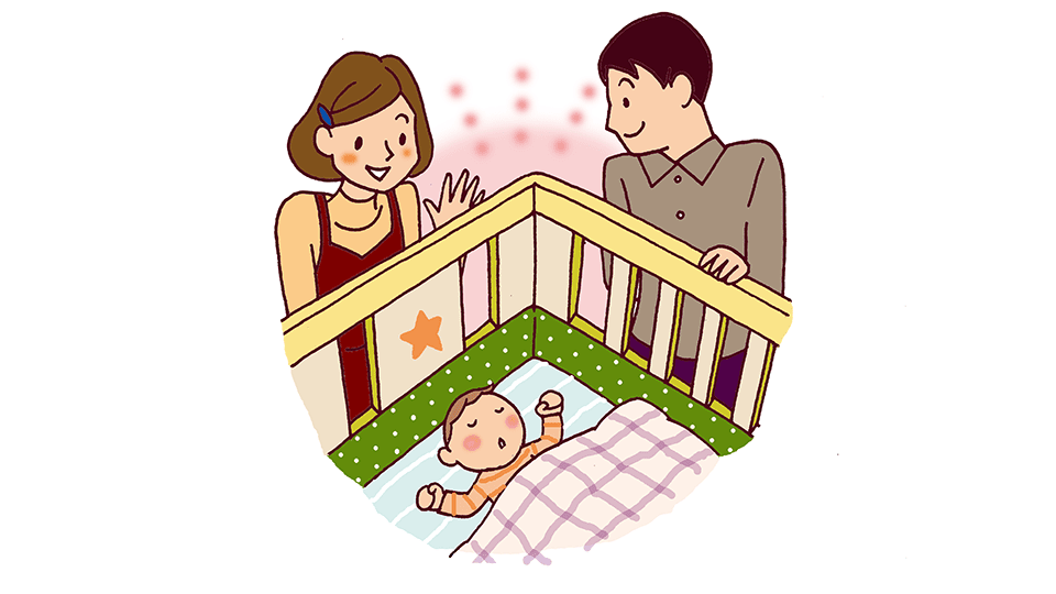 イラスト：ベビーベッドで眠っている赤ちゃんを見守る夫婦