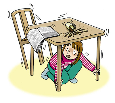 地震時、テーブルの下にもぐって身の安全を確保する女性