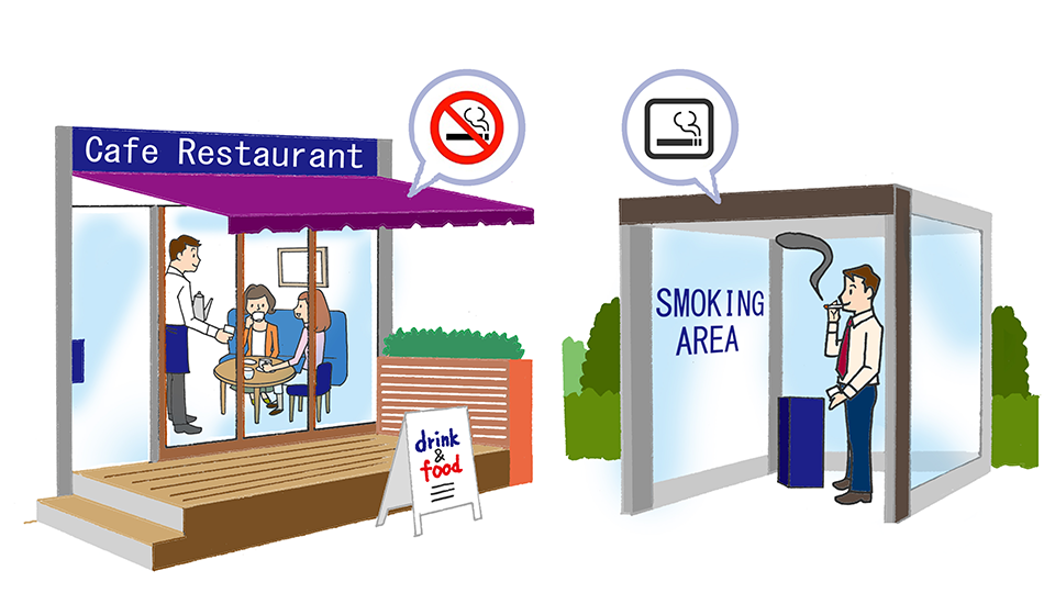 禁煙マークのあるカフェと、喫煙可能マークが表示されている喫煙エリア