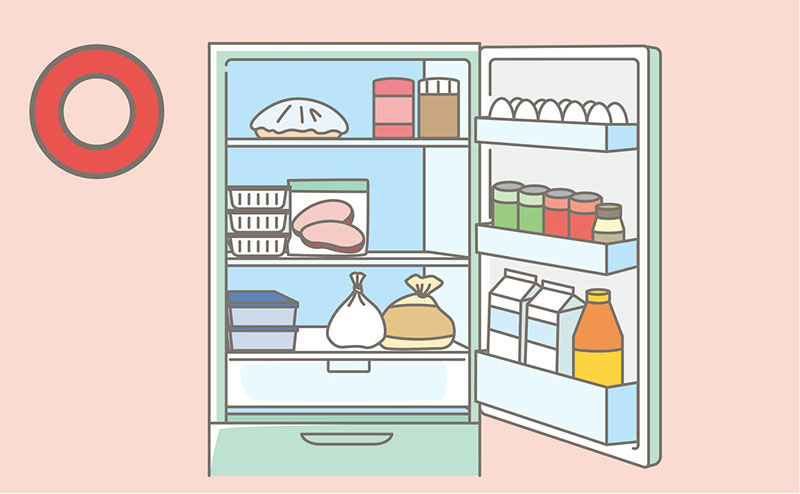 冷蔵庫に適切な量の食材を入れている良い例のイメージのイラスト