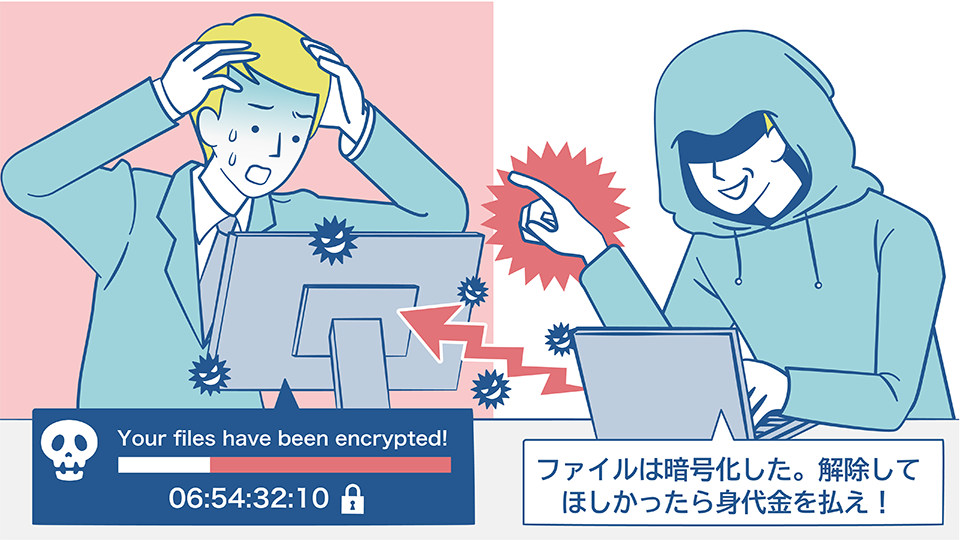 イラスト：ランサムウェア攻撃をして、「ファイルは暗号化した。解除してほしかったら身代金を払え！」と脅迫する人物（ハッカー）。ランサムウェア攻撃でパソコンが被害を受け、青ざめている会社員。